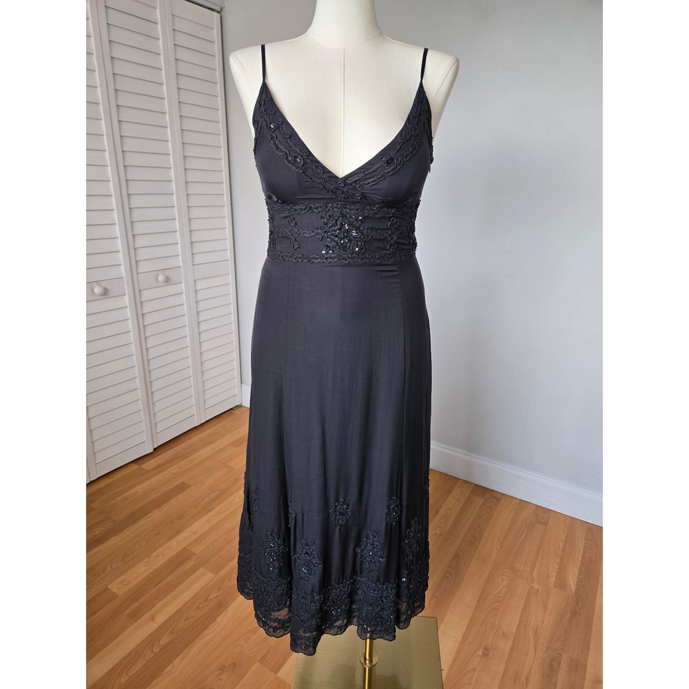 DKNY Black Silk Beaded Sequin Embroidered Midaxi Dress 12 Y2K Dark Romantic Glam